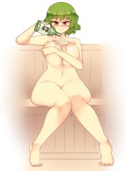 Rule 34 | 1girl, alcohol, blush, bottle, breasts, closed mouth, commentary, completely nude, covering privates, english commentary, full body, holding, holding bottle, kazami yuuka, large breasts, looking at viewer, navel, nude, pouring, pouring onto self, red eyes, rtil, sitting, smile, solo, touhou