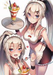 Rule 34 | 1girl, 9a-91 (girls&#039; frontline), :d, apron, bikini, blue eyes, blush, breasts, dakunesu, detached collar, food, girls&#039; frontline, giving, hair between eyes, hair ornament, heart, highres, holding, holding tray, ice cream, long hair, looking at viewer, maid, maid bikini, maid headdress, medium breasts, multiple views, open mouth, ponytail, silver hair, simple background, smile, sundae, swimsuit, tray, unconventional maid, very long hair, white background, wrist cuffs