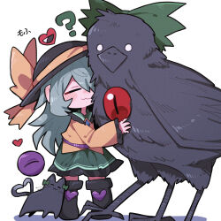 1girl :3 ? animal animal_ears bird bird_wings black_cat black_eyes black_feathers black_footwear black_hat black_wings blush boots breasts buttons cat cat_ears cat_tail collared_shirt crow diamond_(shape) diamond_button feathered_wings feathers frilled_shirt frilled_shirt_collar frilled_skirt frilled_sleeves frills green_hair green_ribbon green_skirt hair_between_eyes hat hat_ornament hat_ribbon heart heart_button highres hug kaenbyou_rin kaenbyou_rin_(cat) komeiji_koishi long_hair long_sleeves messy_hair multiple_legs multiple_tails nose_blush pet pleated_skirt red_eyes reiuji_utsuho reiuji_utsuho_(bird) ribbon rubbing shirt simple_background skirt slit_pupils smile tail torn_ribbon touhou two_tails whiskers white_background white_eyes wings yellow_ribbon yellow_shirt zunusama