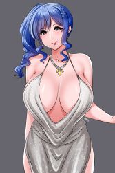 Rule 34 | 1girl, absurdres, arsim, azur lane, backless dress, backless outfit, bare shoulders, blue hair, breasts, cleavage, closed mouth, dress, earrings, evening gown, grey dress, hair between eyes, hair ornament, hairclip, halter dress, halterneck, highres, jewelry, large breasts, looking at viewer, necklace, pink eyes, plunging neckline, revealing clothes, side ponytail, sidelocks, silver dress, smile, st. louis (azur lane), st. louis (luxurious wheels) (azur lane), standing