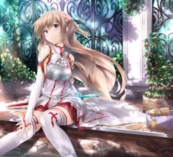 Rule 34 | 10s, 1girl, armor, asuna (sao), bare shoulders, belt, blush, breastplate, brown eyes, brown hair, detached sleeves, highres, long hair, long legs, resized, sitting, skirt, smile, solo, sword art online, thighhighs, white thighhighs, wingheart