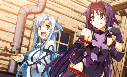 Rule 34 | 10s, 2girls, :p, armor, asuna (sao), asuna (sao-alo), black gloves, blue eyes, blue hair, candy, chocolate, cookie, covered navel, detached sleeves, fingerless gloves, food, gloves, hairband, highres, looking at another, multiple girls, open mouth, pointy ears, purple armor, purple hair, red eyes, revision, shikei, sword art online, tongue, tongue out, window, yuuki (sao)