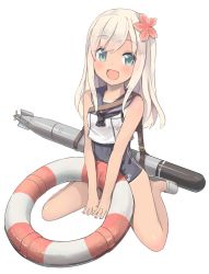 Rule 34 | 10s, 1girl, absurdres, flower, full body, hair flower, hair ornament, highres, isegawa yasutaka, kantai collection, lifebuoy, long hair, one-piece swimsuit, open mouth, ro-500 (kancolle), sailor collar, school swimsuit, school uniform, serafuku, simple background, slippers, solo, swim ring, swimsuit, swimsuit under clothes, tan, tanline, torpedo, white background