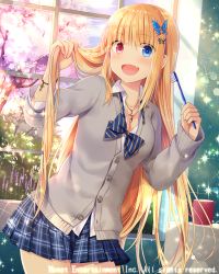 Rule 34 | 1girl, blonde hair, blue bow, blue bowtie, blue eyes, blue skirt, blush, bow, bowtie, bracelet, breasts, butterfly hair ornament, cleavage, coffee mug, cup, falkyrie no monshou, fang, hair ornament, heterochromia, jewelry, long hair, long sleeves, looking at viewer, medium breasts, mug, natsumekinoko, official art, open mouth, plaid, plaid skirt, red eyes, skirt, smile, solo, standing, sweater vest, toothbrush, uniform