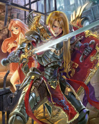 Rule 34 | 1boy, 1girl, :o, armor, bare shoulders, blonde hair, blue eyes, blush, breastplate, broken, cage, covering privates, covering breasts, gauntlets, ggozira, highres, holding, holding shield, holding sword, holding weapon, indoors, lock, long hair, pink hair, shield, standing, sword, tenkuu no crystalia, torn clothes, very long hair, weapon