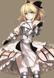 Rule 34 | 1girl, ahoge, armor, armored dress, artoria pendragon (fate), bare shoulders, blonde hair, dress, fate/stay night, fate/unlimited codes, fate (series), gauntlets, green eyes, outstretched arm, saber (fate), saber lily, solo, zen33n