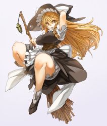 Rule 34 | 1girl, arm up, blonde hair, braid, breasts, broom, corset, hat, highres, kirisame marisa, large breasts, looking at viewer, perky breasts, purple background, raised eyebrows, sachito, simple background, smile, solo, thick thighs, thighs, touhou, witch hat