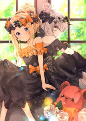 Rule 34 | 2girls, abigail williams (fate), black bow, black dress, blonde hair, blue eyes, blurry, blurry foreground, blush, bow, closed mouth, commentary request, day, depth of field, dress, fate/grand order, fate (series), flower, hair bow, hair bun, head tilt, highres, indoors, iroha (shiki), lavinia whateley (fate), long hair, multiple girls, off-shoulder dress, off shoulder, orange bow, parted bangs, polka dot, polka dot bow, profile, red eyes, rose, sidelocks, silver hair, simple background, single hair bun, sitting, smile, strapless, strapless dress, stuffed animal, stuffed toy, sunlight, teddy bear, white flower, white rose, window