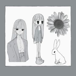 Rule 34 | 1girl, ankle boots, boots, border, closed mouth, earrings, flower, grey border, greyscale, highres, jacket, jewelry, jitome, long hair, looking at viewer, miniskirt, mole, mole under eye, monochrome, multiple views, narue, open clothes, open jacket, original, rabbit, shirt, simple background, skirt, standing, sunflower, white background