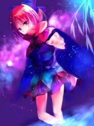 Rule 34 | 1girl, bare legs, blouse, bow, cape, eirin kichigai, from behind, hair bow, high collar, long sleeves, looking at viewer, looking back, outstretched arm, partially submerged, plant, red eyes, red hair, sekibanki, shirt, short hair, skirt, skirt set, sky, solo, star (sky), star (symbol), starry sky, touhou, tunic, wading, water