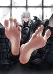 Rule 34 | 1girl, absurdres, ak-15 (girls&#039; frontline), barefoot, boots, unworn boots, commission, crossed ankles, crossed legs, feet, foot focus, girls&#039; frontline, grey eyes, grey hair, hair over one eye, highres, long hair, long toes, looking at viewer, nikishiko, pixiv commission, sitting, soles, spread toes, toes