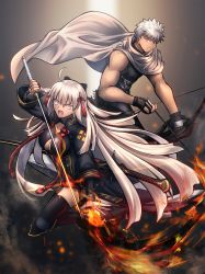 Rule 34 | 1boy, 1girl, ahoge, archer (fate), arrow (projectile), black coat, black shirt, black thighhighs, bow, bow (weapon), breasts, coat, fate/grand order, fate (series), fingerless gloves, fire, flower knot, full body, gloves, grey eyes, grey scarf, hair between eyes, hair bow, hand up, highres, holding, holding bow (weapon), holding sword, holding weapon, knee pads, long hair, long sleeves, long sword, looking at viewer, looking to the side, medium breasts, messy hair, okita souji (fate), okita souji alter (fate), open mouth, scarf, shirt, shoori (migiha), short hair, sidelocks, sleeveless, spiked hair, sword, tassel, teeth, thighhighs, thighs, tongue, upper teeth only, very long hair, weapon, white hair, wide sleeves
