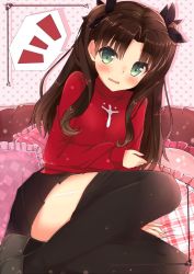 Rule 34 | 1girl, bad id, bad twitter id, black hair, black thighhighs, blush, fate/stay night, fate (series), frilled pillow, frills, green eyes, hair ribbon, long hair, looking at viewer, on bed, open mouth, pillow, pleated skirt, ribbon, rouka (akatyann), shoes, skirt, solo, surprised, sweater, thighhighs, tohsaka rin, twintails, two side up