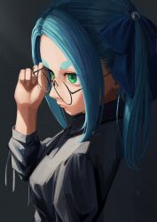 Rule 34 | 1girl, adjusting eyewear, aqua hair, arm at side, black background, black ribbon, black shirt, blouse, blue bow, blue ribbon, bow, breasts, commentary, from side, glasses, googly eyes, hair bow, hair ribbon, hand up, hashtag-only commentary, highres, hikimayu, light particles, long hair, long sleeves, looking afar, looking ahead, medium breasts, monogatari (series), neck ribbon, nemo ringo, ononoki yotsugi, ribbon, round eyewear, shirt, short eyebrows, sidelocks, solo, standing, thick eyebrows, twintails, upper body