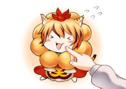 Rule 34 | &gt; &lt;, 1girl, :3, animal ears, blonde hair, blush, cheek poking, chibi, cosplay, dress, closed eyes, female focus, finger to face, greave (asterism), hat, kemonomimi mode, mister donut, open mouth, poking, pon de lion, pon de lion (cosplay), red dress, solo, tail, tiger ears, tiger stripes, tiger tail, tongue, tongue out, toramaru shou, touhou