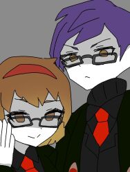 Rule 34 | 1boy, 1girl, black sweater, brown hair, closed mouth, collared shirt, glasses, hairband, krmnr170, lobotomy corporation, looking at viewer, malkuth (project moon), necktie, project moon, purple hair, red hairband, red necktie, shirt, simple background, smile, sweater, yellow eyes, yesod (project moon)