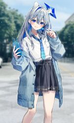 Rule 34 | 1girl, amane kanata, animal ears, blue coat, blue eyes, blue hair, blue nails, blue necktie, candy, cellphone, coat, colored inner hair, commentary request, eyebrows hidden by hair, food, grey hair, halo, hamster ears, highres, holding, holding candy, holding food, holding lollipop, holding phone, hololive, lollipop, long hair, loose necktie, miniskirt, multicolored hair, necktie, oshioshio, phone, pink hair, pleated skirt, skirt, smartphone, smartphone case, smile, solo, star halo, streaked hair, striped necktie, twitter username, virtual youtuber, watermark