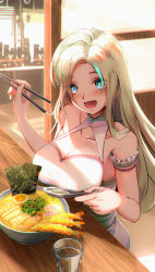 Rule 34 | 1girl, absurdres, blush, breasts, chopsticks, egg, food, from above, happy, highres, holding, holding chopsticks, housou-kun, indoors, large breasts, long hair, looking at viewer, meat, noodles, open mouth, original, pork, ramen, restaurant, self-upload, sitting, smile, solo, soup, white hair