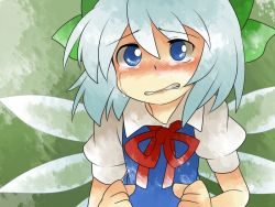 Rule 34 | 1girl, bad id, bad pixiv id, blue eyes, blue hair, blush, bow, cirno, crying, crying with eyes open, dress, hair bow, hammer (sunset beach), matching hair/eyes, short hair, solo, tears, touhou, upper body, wings