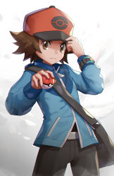 Rule 34 | adjusting clothes, adjusting headwear, bad id, bad twitter id, bag, baseball cap, belt buckle, black pants, black shirt, blue jacket, brown eyes, brown hair, buckle, chromatic aberration, closed mouth, cowboy shot, creatures (company), furrowed brow, game freak, gonzarez, grey background, hand up, hat, highres, hilbert (pokemon), holding, holding poke ball, jacket, long sleeves, looking at viewer, male focus, nintendo, pants, partially unzipped, poke ball, poke ball (basic), pokemon, pokemon bw, red hat, shirt, short hair, simple background, solo, v-shaped eyebrows, watch, white background, wristwatch, zipper