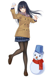 Rule 34 | 1girl, :d, absurdres, black hair, black pantyhose, blue eyes, blue skirt, blush, brown coat, brown footwear, coat, commentary request, full body, highres, holding snowball, leg up, loafers, long hair, looking at viewer, open mouth, original, pantyhose, plaid, plaid skirt, scarf, school uniform, shoes, simple background, skirt, smile, snowball, snowman, solo, unasaka ryou, white background
