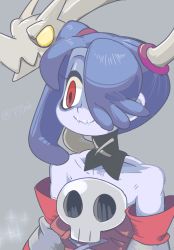 Rule 34 | 1girl, 770mk, blue hair, blue skin, colored skin, dress, grey background, leviathan (skullgirls), medium hair, red dress, red eyes, side ponytail, simple background, skull, skullgirls, squigly (skullgirls), stitched mouth, stitches, striped sleeves, zombie