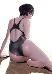Rule 34 | 1girl, ass, back cutout, black hair, black one-piece swimsuit, breasts, brown eyes, clothing cutout, finalcake, from behind, hand on own hip, highleg, highleg swimsuit, highres, looking at viewer, looking back, one-piece swimsuit, reina (tekken), short hair, simple background, sitting, solo, swimsuit, tekken, tekken 8, two-tone swimsuit, white background