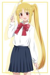 Rule 34 | 1girl, :d, ahoge, blonde hair, blue skirt, blush, bocchi the rock!, bow, bowtie, brown eyes, collared shirt, commentary request, cowboy shot, dars (recolors), drumsticks, highres, holding, holding drumsticks, ijichi nijika, long hair, long sleeves, looking at viewer, open mouth, pleated skirt, red bow, red bowtie, red eyes, school uniform, shimokitazawa high school uniform, shirt, side ponytail, sidelocks, skirt, smile, solo, standing, white shirt