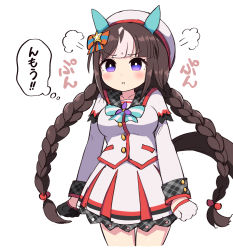 Rule 34 | 1girl, absurdres, animal ears, asymmetrical gloves, black gloves, bow, braid, buttons, clenched hands, closed mouth, double-breasted, ear covers, frilled skirt, frills, gloves, highres, hokko tarumae (umamusume), horse ears, horse girl, horse tail, jacket, long hair, long sleeves, looking at viewer, mismatched gloves, pout, purple eyes, simoyuki, simple background, skirt, solo, striped, striped bow, tail, twin braids, umamusume, very long hair, white background, white gloves, white headwear, white jacket, white skirt