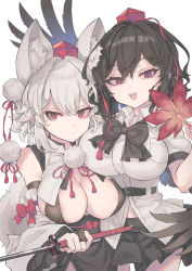 Rule 34 | 2girls, animal ear fluff, animal ears, areola slip, black bow, black hair, black skirt, bow, bowtie, breasts, closed mouth, collared shirt, grey hair, hat, holding, holding sword, holding weapon, inubashiri momiji, large breasts, looking at viewer, multiple girls, open mouth, pom pom (clothes), purple eyes, shameimaru aya, shirt, short sleeves, simple background, skirt, sword, tail, tokin hat, touhou, tsukeo, weapon, white background, white shirt, wolf ears, wolf girl, wolf tail