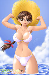 Rule 34 | 1girl, arms up, bikini, braid, breasts, brown eyes, brown hair, cameltoe, cloud, covered erect nipples, day, glasses, hat, hoshina tomoko, large breasts, onoe, single braid, sky, solo, swimsuit, to heart, to heart (series), water, watermark