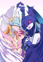 Rule 34 | 2girls, angel, angel and devil, angel wings, angewomon, black wings, blue hair, breasts, chain, cleavage, covered eyes, demon girl, digimon, digimon (creature), digimon world re:digitize, fingernails, gloves, hagoromo, helmet, highres, holding hands, ladydevimon, long fingernails, mask, multiple girls, open mouth, pale skin, parted lips, red eyes, shawl, skull, torn wings, tsunemi aosa, white gloves, winged helmet, wings, yuri