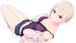 Rule 34 | 1girl, bare legs, bare shoulders, black eyes, blonde hair, blue shorts, blush, breasts, brown eyes, cait aron, camisole, cardigan, cleavage, collarbone, commentary request, denim, denim shorts, earrings, grey hair, hair between eyes, idolmaster, idolmaster cinderella girls, jewelry, looking at viewer, medium breasts, off shoulder, open cardigan, open clothes, parted bangs, parted lips, purple camisole, ribbed sweater, shiomi syuko, short hair, short shorts, shorts, simple background, smile, solo, sweater, thighs, white background, white sweater