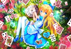 Rule 34 | 1girl, alice (alice in wonderland), alice in wonderland, animal, apron, blonde hair, blue bow, blue dress, blue eyes, blue footwear, blush, bow, bug, butterfly, card, club (shape), commentary request, day, diamond (shape), dress, eat me, flower, frilled dress, frilled skirt, frills, from above, hair between eyes, hair bow, heart, highres, insect, key, kohaku muro, long hair, looking at viewer, looking to the side, looking up, lying, maid apron, mary janes, on side, original, outdoors, parted lips, pink flower, pink rose, playing card, pocket watch, puffy short sleeves, puffy sleeves, red flower, red rose, roman numeral, rose, shoes, short sleeves, skirt, solo, spade (shape), sunlight, thighhighs, very long hair, watch, white apron, white thighhighs, wrist cuffs