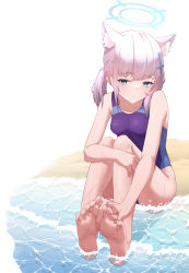 Rule 34 | 1girl, absurdres, animal ear fluff, animal ears, barefoot, beach, between toes, blue archive, blue eyes, chan sang, competition swimsuit, cross, cross hair ornament, earrings, feet, fingers between toes, foreshortening, grey hair, hair ornament, halo, hands on feet, hands on own feet, highres, jewelry, long hair, looking at viewer, one-piece swimsuit, shiroko (blue archive), soles, swimsuit, toes