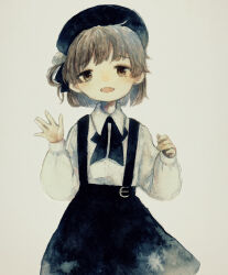 Rule 34 | 1girl, \||/, beret, black hair, black ribbon, black skirt, brown background, brown eyes, brown hair, collared shirt, cowboy shot, fangs, flower, hands up, hat, hat flower, hat ribbon, hatoba tsugu, highres, long sleeves, looking at viewer, mikagamimei, mole, mole under eye, neck ribbon, open mouth, painting (medium), puffy long sleeves, puffy sleeves, ribbon, shirt, shirt tucked in, short hair, simple background, single hair ring, skirt, sleeve cuffs, smile, solo, standing, suspender skirt, suspenders, traditional media, tsugu (vtuber), virtual youtuber, watercolor (medium), waving, white flower, white shirt