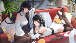 Rule 34 | 2girls, azur lane, bare shoulders, blunt bangs, breasts, character request, chen hai (azur lane), couch, detached collar, dress, hair ornament, highres, large breasts, long hair, looking at viewer, manjuu (azur lane), multiple girls, off-shoulder dress, off shoulder, on couch, plant, qing wu, red eyes, smile, soles, thighhighs, thighs, very long hair, yat sen (azur lane)