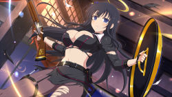 Rule 34 | 1girl, black gloves, black hair, black jacket, black skirt, breasts, cleavage, fingerless gloves, floating hair, game cg, garter straps, gloves, grey pantyhose, gun, halo, highres, holding, holding gun, holding shield, holding weapon, indoors, jacket, large breasts, long hair, midriff, miniskirt, navel, pantyhose, ryouki (senran kagura), senran kagura, senran kagura new link, shield, skirt, solo, standing, stomach, straight hair, torn clothes, torn jacket, torn pantyhose, torn skirt, very long hair, weapon