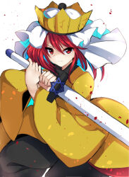 Rule 34 | 1other, androgynous, black pants, black sweater, blood drop, closed mouth, commentary request, crown, frown, hakama, hakama pants, hexagram, highres, holding, holding sword, holding weapon, japanese clothes, kimono, len&#039;en, long sleeves, looking at viewer, medium hair, ooya kunimitsu, ougi hina, pants, red eyes, red hair, solo, star of david, sweater, sword, turtleneck, v-shaped eyebrows, weapon, white background, white veil, wide sleeves, yellow headwear, yellow kimono