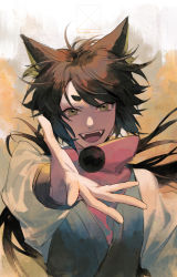 Rule 34 | 1boy, aged up, animal ear fluff, animal ears, bean mr12, black hair, cat boy, cat ears, commentary request, green eyes, highres, long hair, long sleeves, looking at viewer, luo xiaohei, luo xiaohei (human), luo xiaohei zhanji, open mouth, signature, smile, solo, upper body