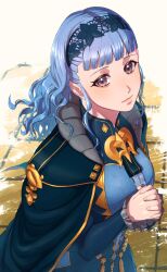 Rule 34 | 1girl, aduti momoyama, blue cape, blue dress, blue hair, blue hairband, blunt bangs, brown eyes, cape, center frills, closed mouth, commentary, dress, fingernails, fire emblem, fire emblem: three houses, fire emblem warriors: three hopes, frills, gold trim, hairband, highres, interlocked fingers, lace-trimmed hairband, lace trim, lips, long hair, long sleeves, looking at viewer, marianne von edmund, mixed-language commentary, nintendo, official alternate costume, official alternate hairstyle, own hands together, pink lips, pink nails, solo, wavy hair