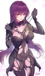 Rule 34 | 1girl, artist name, blush, bodysuit, breasts, commentary request, covered navel, damda, fate/grand order, fate (series), hair between eyes, hair intakes, large breasts, long hair, looking at viewer, purple bodysuit, purple hair, red eyes, revision, scathach (fate), signature, solo, thighs