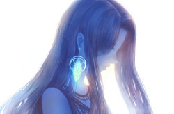 Rule 34 | 1girl, backlighting, blue theme, earrings, closed eyes, jewelry, long hair, looking down, original, parted hair, profile, sad, sakimori (hououbds), simple background, solo, tank top, upper body, white background