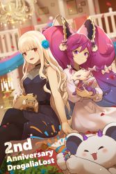 Rule 34 | 2girls, :d, animal, anniversary, bare arms, bare shoulders, black dress, black legwear, blonde hair, blunt bangs, blurry, blurry background, boar, candle, chandelier, cleo (dragalia lost), closed mouth, commentary, copyright name, crossed legs, depth of field, dragalia lost, dress, english commentary, fire, gradient hair, hair between eyes, hentaki, highres, indoors, long hair, long sleeves, multicolored hair, multiple girls, open mouth, pantyhose, petals, puffy long sleeves, puffy sleeves, purple eyes, purple hair, railing, red eyes, sazanka (dragalia lost), sitting, sleeveless, sleeveless dress, smile, twintails, very long hair, white dress