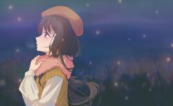 Rule 34 | 1girl, black hair, blurry, blurry background, brown hat, brown sweater vest, commentary request, from side, hand up, hat, highres, inoue takina, long hair, long sleeves, lycoris recoil, night, outdoors, parted lips, pink scarf, profile, purple eyes, rokilly, scarf, shirt, solo, sweater vest, upper body, white shirt