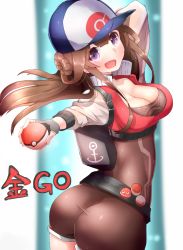 Rule 34 | 10s, 1girl, alternate costume, anchor symbol, arm behind head, arm up, ass, belt, black gloves, blush, boruhis, breasts, brown hair, cleavage, creatures (company), electrode (pokemon), eyebrows, female protagonist (pokemon go), fingerless gloves, floating hair, from side, game freak, gen 1 pokemon, gloves, hair bun, hat, highres, holding, holding poke ball, kantai collection, kongou (kancolle), large breasts, long hair, looking at viewer, nintendo, open mouth, poke ball, poke ball (basic), pokemon, pokemon (creature), pokemon go, purple eyes, shorts, sidelocks, single hair bun, solo, stomach, twisted torso, voltorb, white background
