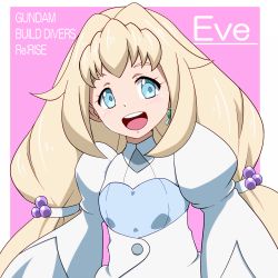 Rule 34 | 1girl, beads, blonde hair, blue eyes, character name, copyright name, earrings, eve (gundam build divers re:rise), eyebrows hidden by hair, gundam, gundam build divers, gundam build divers re:rise, hair beads, hair ornament, jewelry, kunney, long hair, low-tied long hair, open mouth, solo