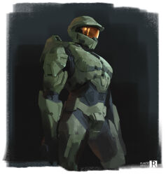 Rule 34 | 1boy, absurdres, armor, artist name, assault visor, chinese commentary, facing ahead, halo (series), helmet, highres, male focus, master chief, plastic-bridge, power armor, science fiction, solo, spartan (halo)