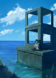 Rule 34 | 10s, 1girl, 2015, black hair, black socks, blue skirt, blue sky, blurry, brown footwear, closed mouth, cloud, cloudy sky, dated, day, depth of field, expressionless, fubuki (kancolle), green eyes, highres, horizon, hugging own legs, kantai collection, kneehighs, knees up, legs together, low ponytail, ocean, outdoors, pleated skirt, school uniform, serafuku, shadow, shoes, short ponytail, short sleeves, sitting, skirt, sky, socks, solo, tabiaki (cosy catastrophe), tabisora, water