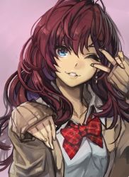 Rule 34 | 1girl, blue eyes, bow, bowtie, cardigan, earrings, fingernails, hair between eyes, head tilt, hungry clicker, ichinose shiki, idolmaster, idolmaster cinderella girls, jewelry, long hair, long sleeves, one eye closed, pink background, red bow, red bowtie, red hair, shirt, simple background, smile, solo, upper body, v, v over eye, wavy hair, white shirt